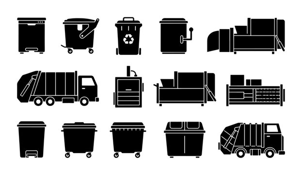 Waste Management Icons: Collection of Black Silhouettes for Recycling Bins, Garbage Trucks, and Compactors, Vector Graphics for Environmental Services and Sanitation
