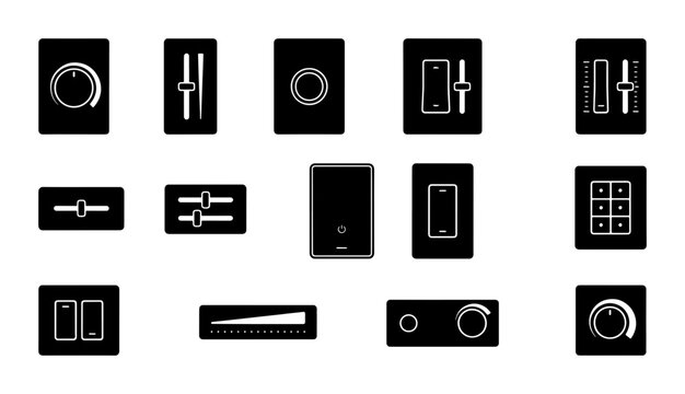 Audio Control Icons, Volume Knobs, Sliders, and Switches Vector Set. Sound Equipment and Interface Elements for Digital and Print Media.