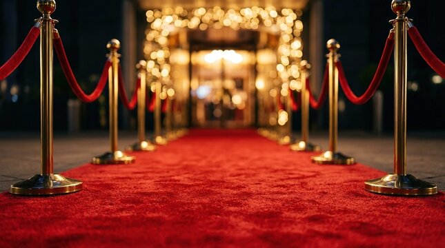 Red carpet leading to illuminated grand entrance with golden stanchions and velvet ropes creates luxury atmosphere for gala event celebrity premiere or awards night.