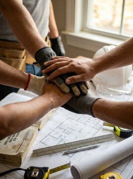 Construction worker team stacking hands over blueprint on desk