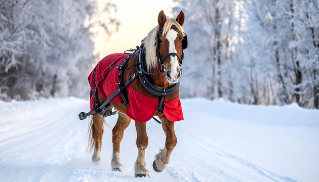 A brown horse with a white mane runs on a snowy road
