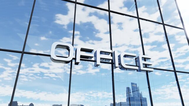 Modern glass building featuring prominent "Office" signage, ideal for corporate business, office spaces, commercial real estate, and urban architecture concepts.