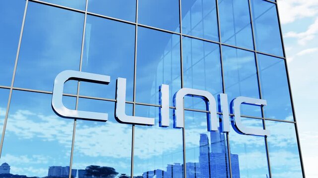 Modern clinic building with a glass facade and prominent clinic signage, ideal for healthcare, medical services, outpatient care, and corporate healthcare concepts.