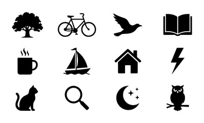 Fototapeta premium Vector Icons Set: Nature, Home, Objects, and Symbols Collection. Simple Black Graphics for Web, Apps, and Design Projects.