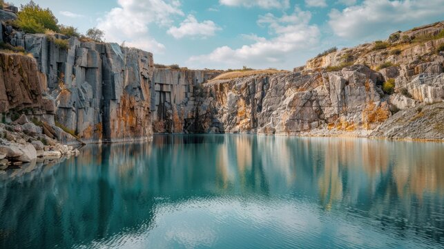 Hyperrealistic shot of abandoned quarry with turquoise water reflection Canon EOS R5 24mm f11
