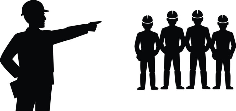 Construction teamwork leadership concept, foreman instructing workers, industrial safety management,