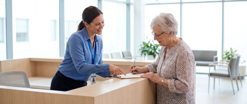 Healthcare administrator assists patient with registration documents at hospital reception, supporting patient intake, medical administration and healthcare services in modern clinic with copy space.