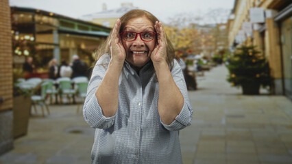 Fototapeta premium Senior woman presses hands to cheeks and laughs, wearing red glasses and a button shirt amid a street cafe; joy surprise playfulness warmth.