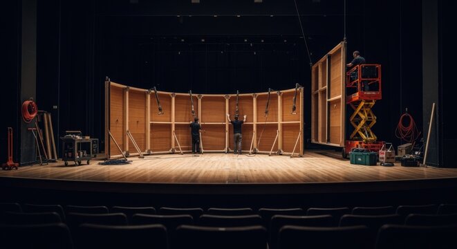 Audience perspective showing the transformation of an empty stage as acoustic shells are methodically installed for sound enhancement.
