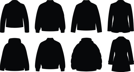 Men And Women Jackets Silhouette Icons Set Including Leather Jacket Bomber Blazer And Puffer Coat © Mehedi