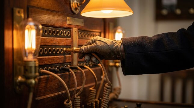 Hand operating vintage telephone switchboard with cable plug