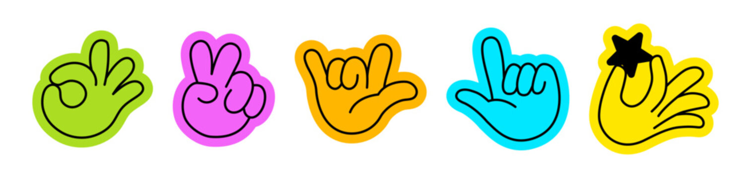 Vector set of icons and simple linear illustrations, hands and gestures, poster, logo, print design templates, hand drawn hands in minimal modern art style, stickers and patches