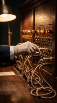 Hand operating vintage telephone switchboard with cable plug