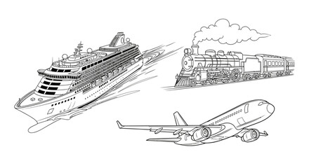 Cruise Ship, Steam Train, and Airplane Line Art Illustration © Water