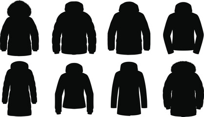Winter Jackets And Outerwear Styles Vector Silhouette Icons Set Including Parka Puffer And Coat © Mehedi