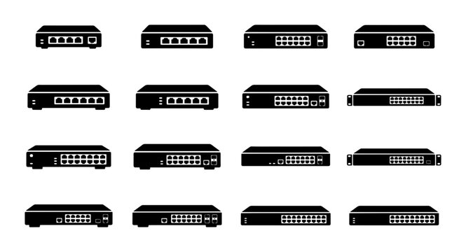 Network Switch Icons Set, Ethernet Router Collection, Computer Networking Hardware Vector Graphics, Data Connectivity Equipment Illustrations