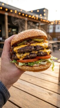 Hand holding double cheeseburger with steam outdoor