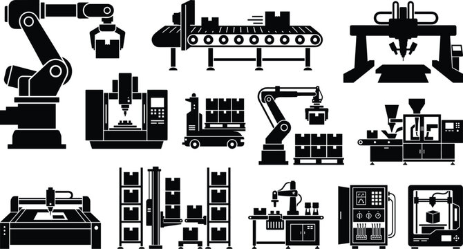 Vector collection of industrial automation silhouette icons including robotic arms, conveyor belts, CNC machines, 3D printers, assembly lines, and factory equipment