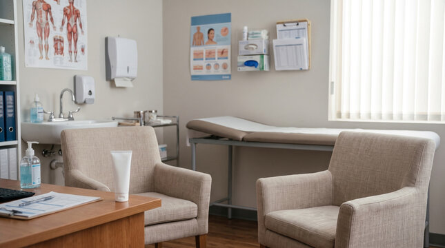 Empty medical examination room. Modern doctor office interior for patient consultation.