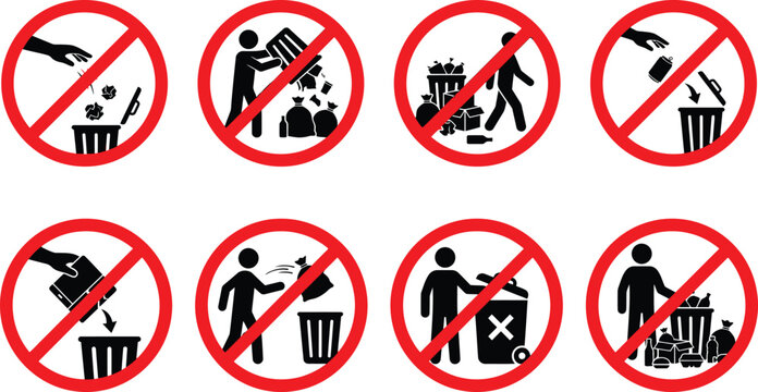 No Littering Prohibition Sign Vector Set, Warning Symbol Icons Isolated on White