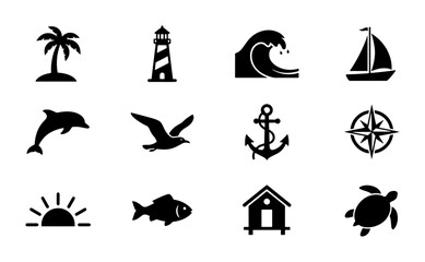 Obraz premium Nautical and Tropical Icons Set: Palm Tree, Lighthouse, Wave, Sailboat, Dolphin, Seagull, Anchor, Compass, Sunrise, Fish, Beach House, Turtle Vector Graphics