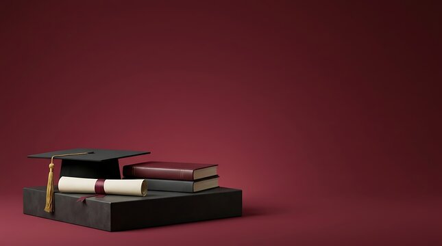 Black graduation cap with a diploma and stacked books on a deep red background for education concepts