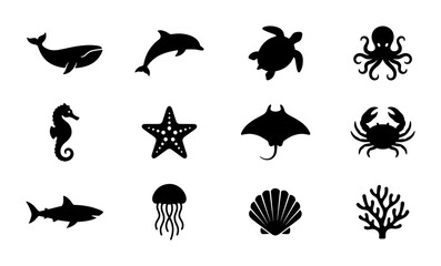 Fototapeta premium Oceanic Wildlife Silhouette Icons Set, Marine Animal Vector Graphics Collection, Aquatic Life Symbols for Design Projects