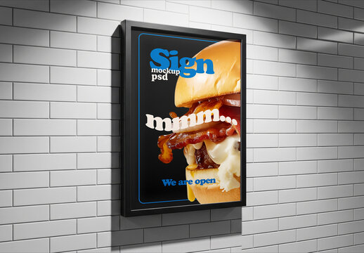 Illuminated Sign Box Mockup on Tiled Wall