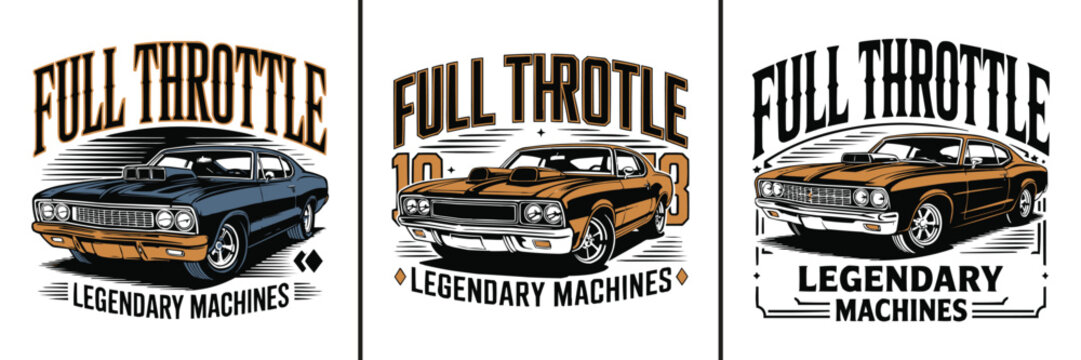 Full throttle vintage muscle car graphic designs for apparel prints