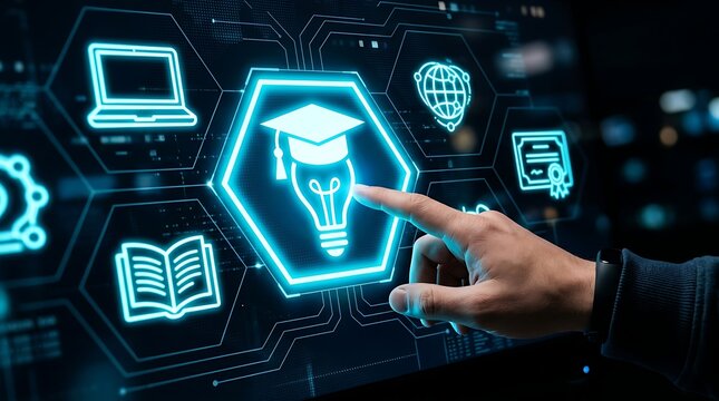 A hand touching a digital interface with glowing icons representing online education and learning technology concepts