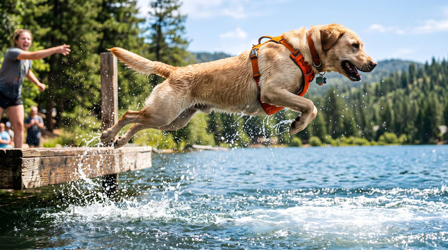 Dog jumps off wooden dock into lake water