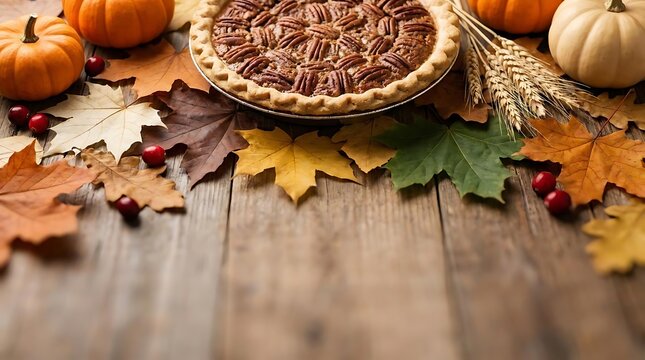 Pecan pie and autumn leaves on rustic wooden surface.