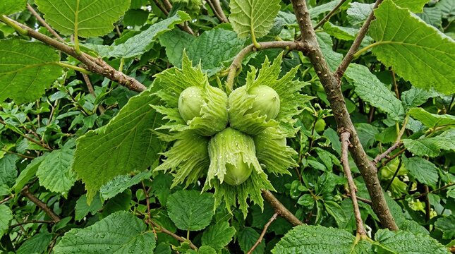 Cluster of three raw green hazelnuts growing on a branch, surrounded by serrated leaves on a hazelnut tree in a garden setting during the summer season