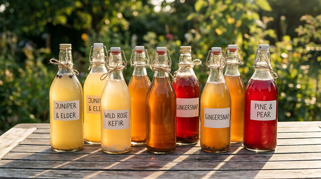 Collection of Glass Bottles Filled With Assorted Fermented Drinks Like Kefir and Ginger Beer Arranged Outdoors