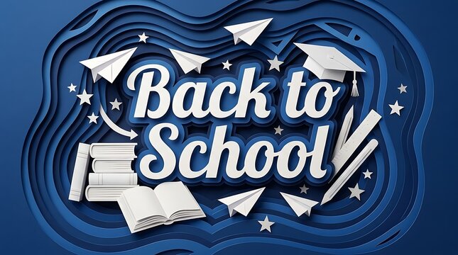 Back to school typography design with paper craft style books and paper airplanes on a blue background