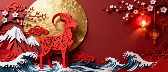 Obraz premium Intricate Chinese New Year banner created from layered red paper cut art. This festive Chinese New Year banner features an elegant goat, cherry blossoms, and traditional elements.