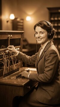 Vintage telephone operator operating switchboard in office