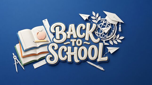 Back to school lettering design with books and academic stationery on a blue background for education concepts