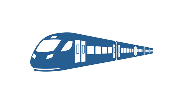Deep blue vector silhouette of a modern high speed passenger train traveling with long perspective lines.