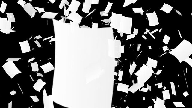 White paper documents transition animation randomly floating from center and a paper passing to cover screen on black background. 4K animated for paper transition, video editing, and motion graphics.
