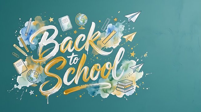Watercolor back to school lettering design with educational supplies on a dark green chalkboard background