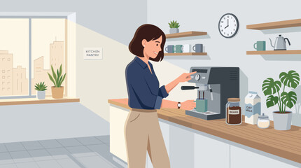 Fototapeta premium Woman making coffee with espresso machine in modern kitchen with city view