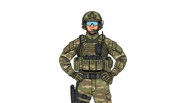 Armed special forces soldier standing in military combat camouflage uniform with tactical body armor vest.