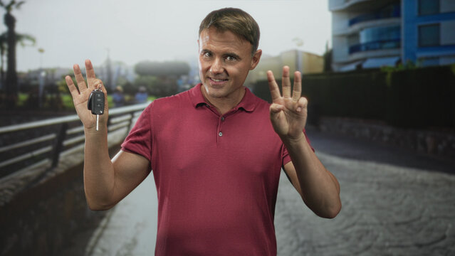 Man holding car keys and showing three fingers on a street promenade with railing, red polo visible, open mouth expression; surprise.