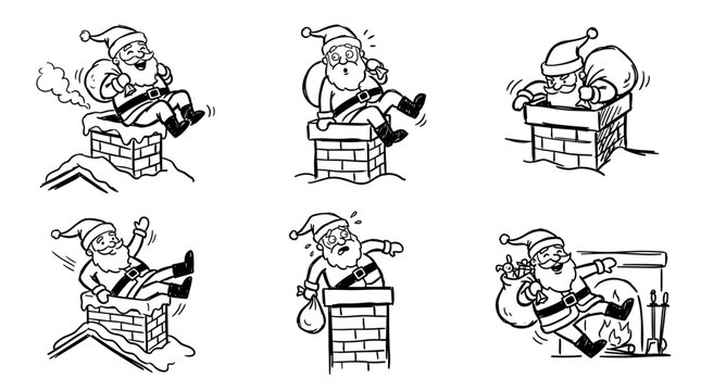 Santa Claus sliding down chimneys in various comical poses