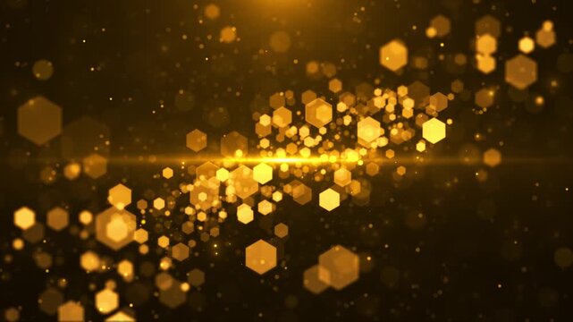 Golden hexagon bokeh background glowing honey shapes, warm particle lights, soft cinematic depth