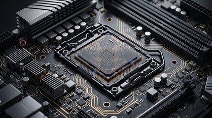 Fototapeta premium Close-up of a high-performance CPU processor on a black motherboard with gold circuit traces, cinematic lighting, representing artificial intelligence and advanced computing power.