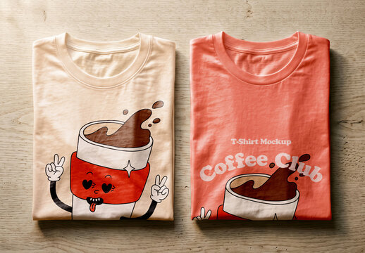 Folded T-Shirts Duo Mockup on Wood Table