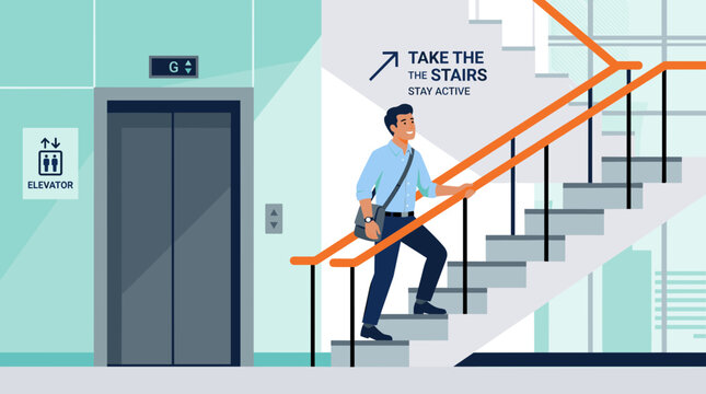 Man chooses stairs over elevator to stay active and healthy