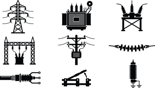 Electrical Power System Silhouettes with Transmission Tower, Transformer, Circuit Breaker, Substation, Insulator, and High Voltage Equipment Icons